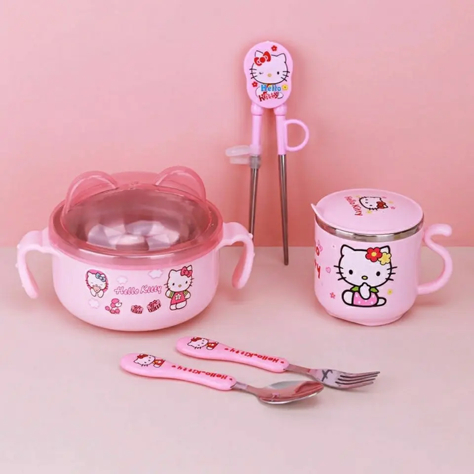 

Sanrio, Hello Kitty детская посуда, миска, ложка, изолированная чашка и миска из нержавеющей стали, кухонная утварь, набор для хранения еды, обеденный набор