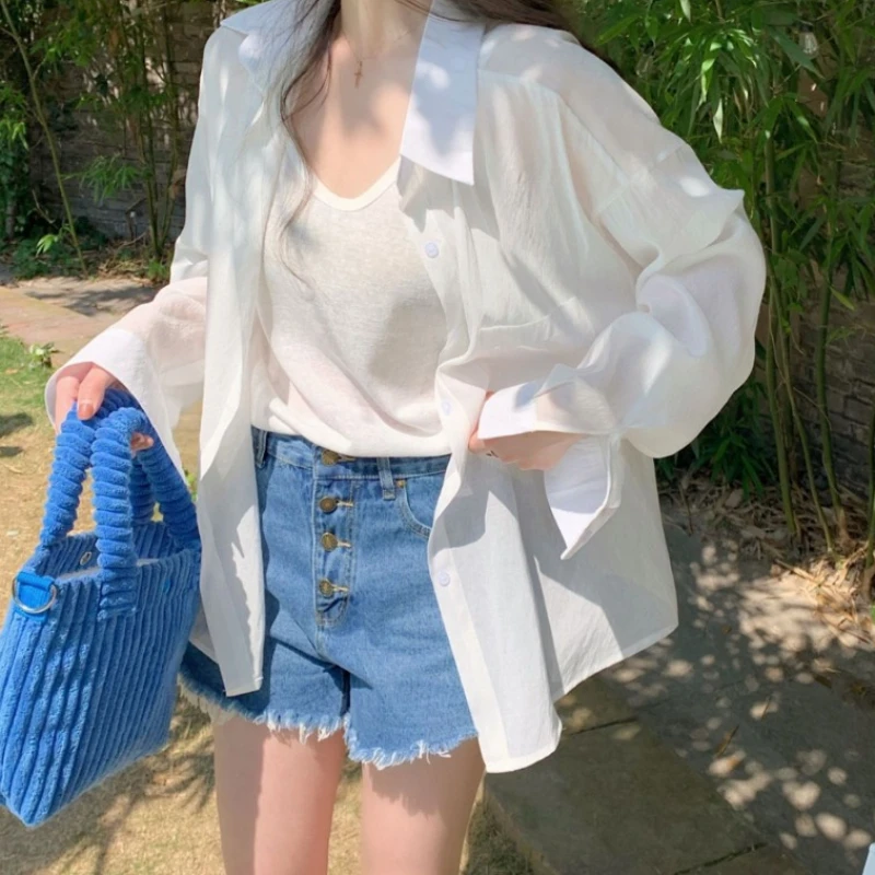 Solid Thin Shirt Women Spring Summer Single Breasted Pocket Korean Style All-match Comfortable Chic Sun Protection Outerwear