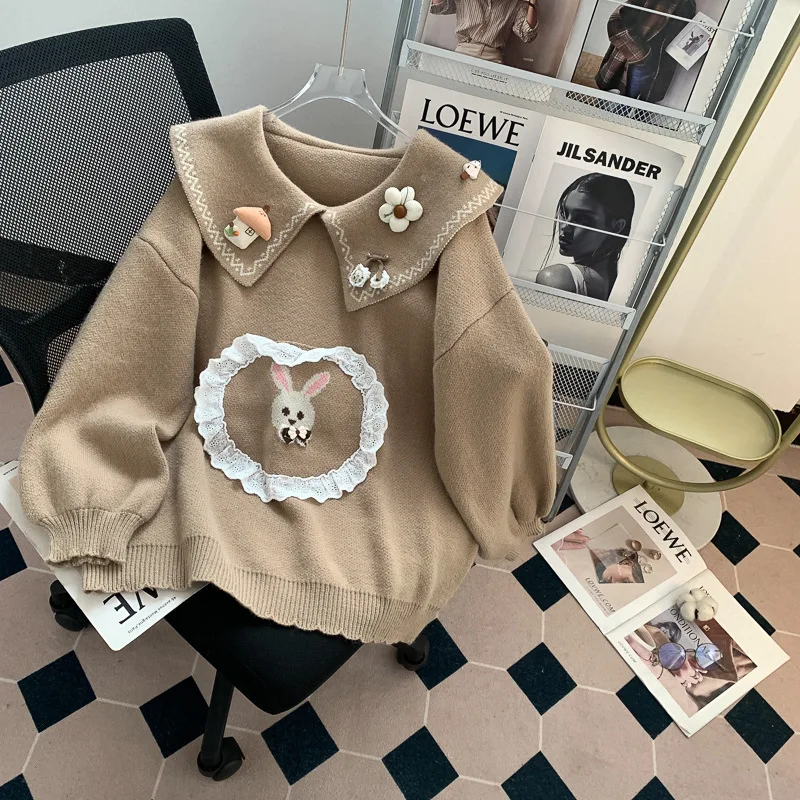 Pet pan collar cute Rabbit sweater pullover autumn and winter women 2024 new loose slimming lazy style outer sweater jumpers