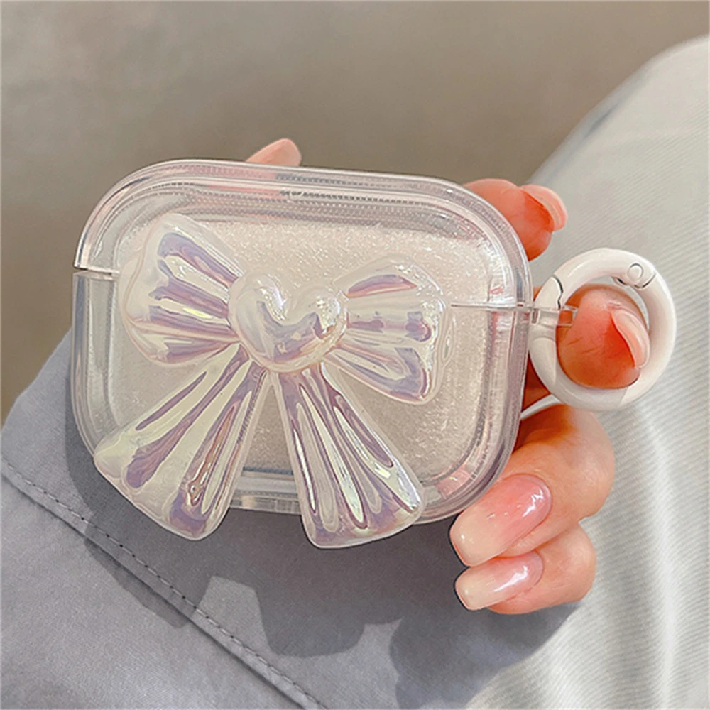 

Luxury Cute 3D Laser Big Bowknot Clear Earphone Case For AirPods 1 2 3 With Keychain Protective Shell Soft Cover AirPods Pro 2