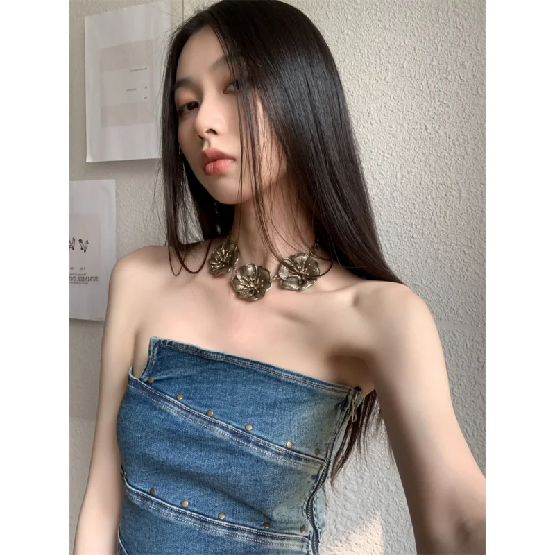 Women\'s Clothing Blue Vest Denim Irregular Off Shoulder Top Europe and America Fashion Sexy Female 2023 Summer Short Top