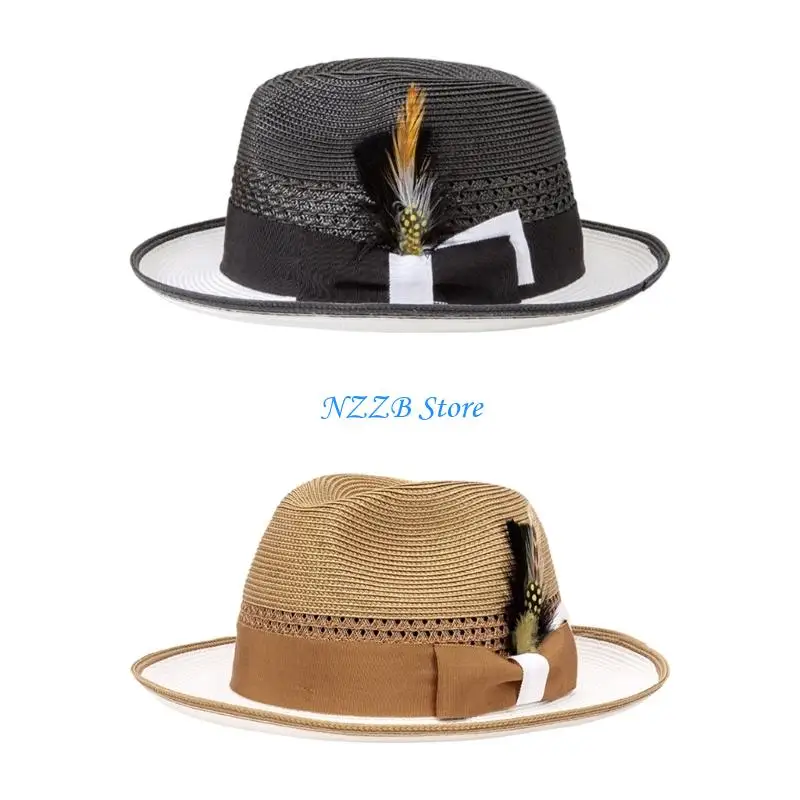 

T21F Decorative Trimmed Raffia Sun Hat Wide Brimmed Lightweight Beach Vacation Essential Adjustable Head Sizing