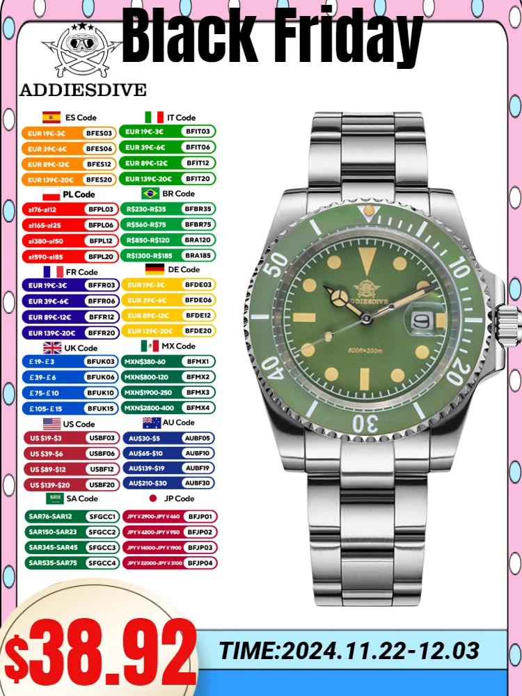 ADDIESDIVE 41mm AD2054 Men's Watches Ceramic Bezel Calendar Window 20Bar Diving Green Luminous Business Dress Quartz Watches