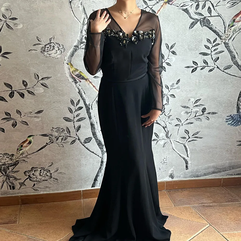 

Customized Mermaid Prom Dresses Floor-Length V-Neck Full Sleeve Evening Gown Fashion Flowers Simple Draped Casual Party Gown