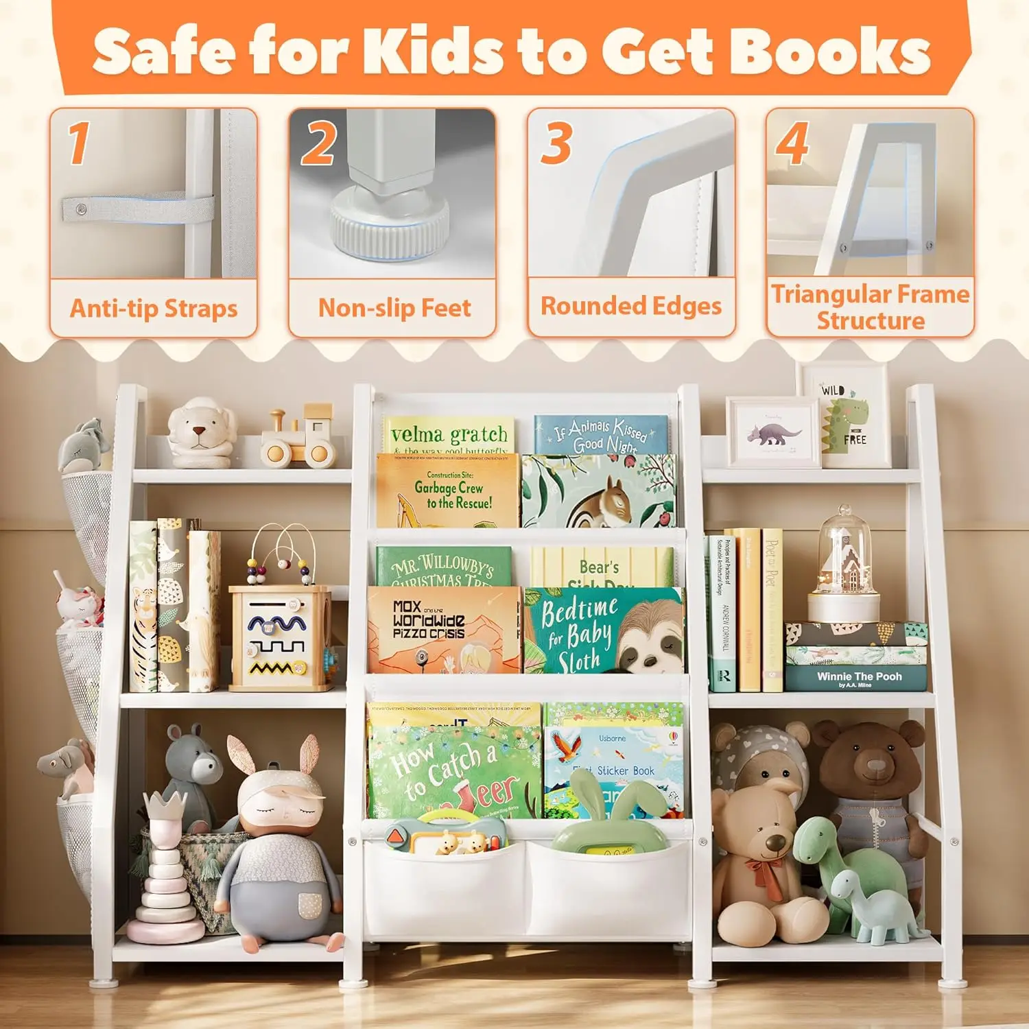 Scaffale per bambini a 3 livelli e organizer per giocattoli: libreria Montessori bianca per riporre la cameretta dei bambini