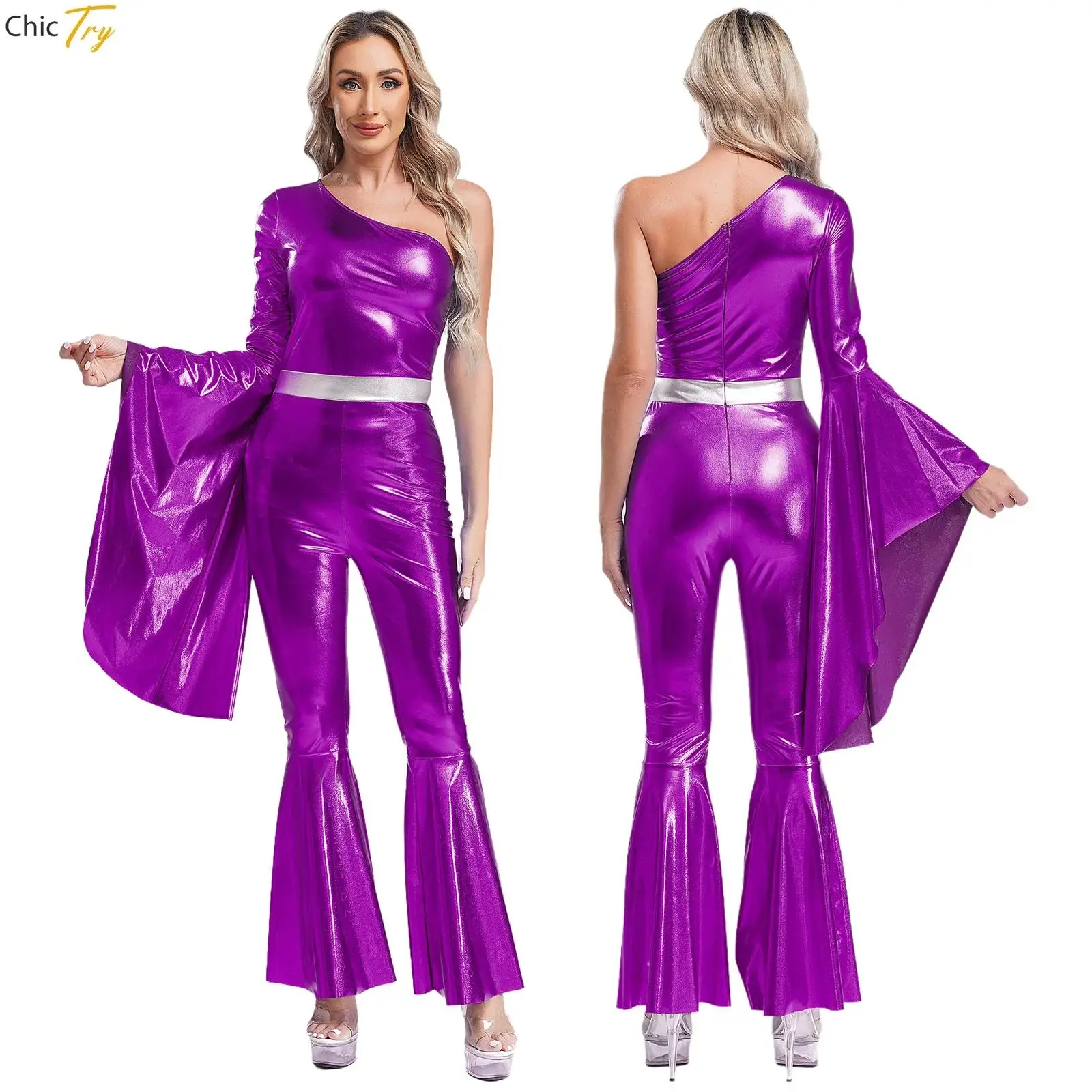 Women 70S Disco Dancewear Metallic Shiny Bell-bottom Hippie Jumpsuit Halloween Theme Party Vintage Dress Up Flare Sleeve Costume