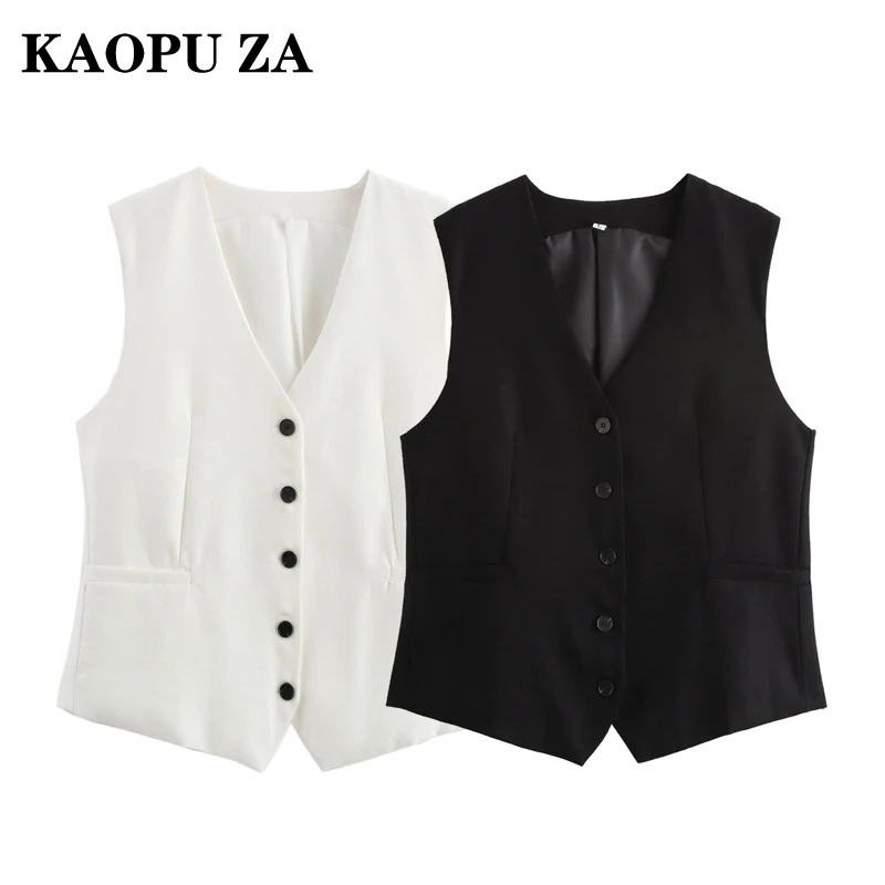 KAOPU ZA 2024 Autumn New Lady Vintage Sleeveless Top Waistcoat Commuting Woman V-Collar Gilet Ruffles Regular Fit Pockets Vest