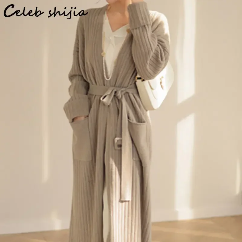 Winter Soft Wool Cardigan Women with Belt Elegant Autumn Khaki Chic Long Knit Cardigan Ladies Pocket Korean Knitwear Coat