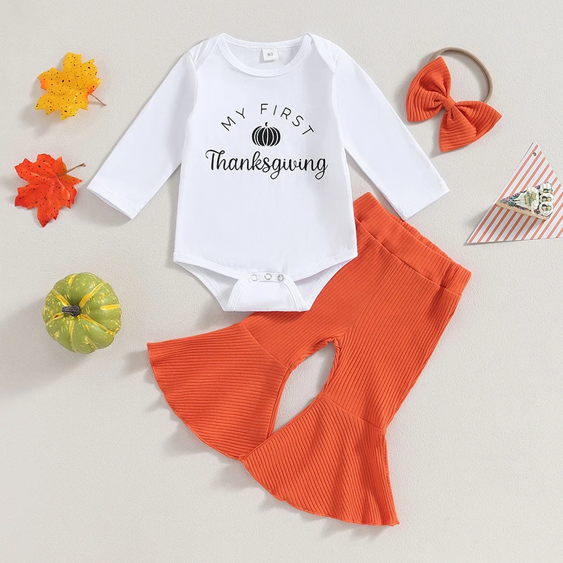 

Suefunskry Baby Girls Fall Outfit, Long Sleeve Letters Pumpkin Print Romper with Flare Pants and Headband Thanksgiving Clothes