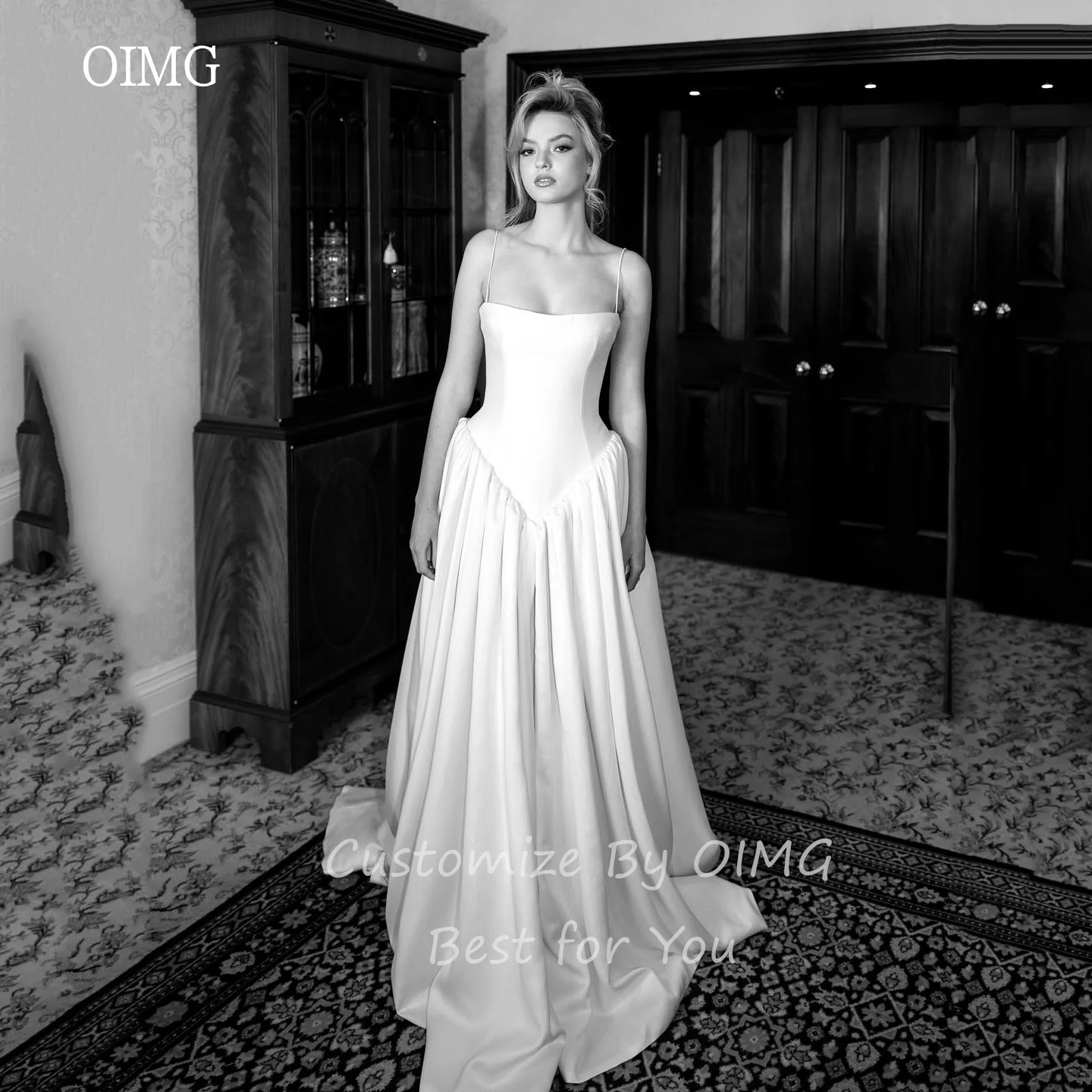 OIMG-vestido de novia sencillo con tirantes finos, línea A, sin mangas, largo hasta el suelo, personalizado, 2025