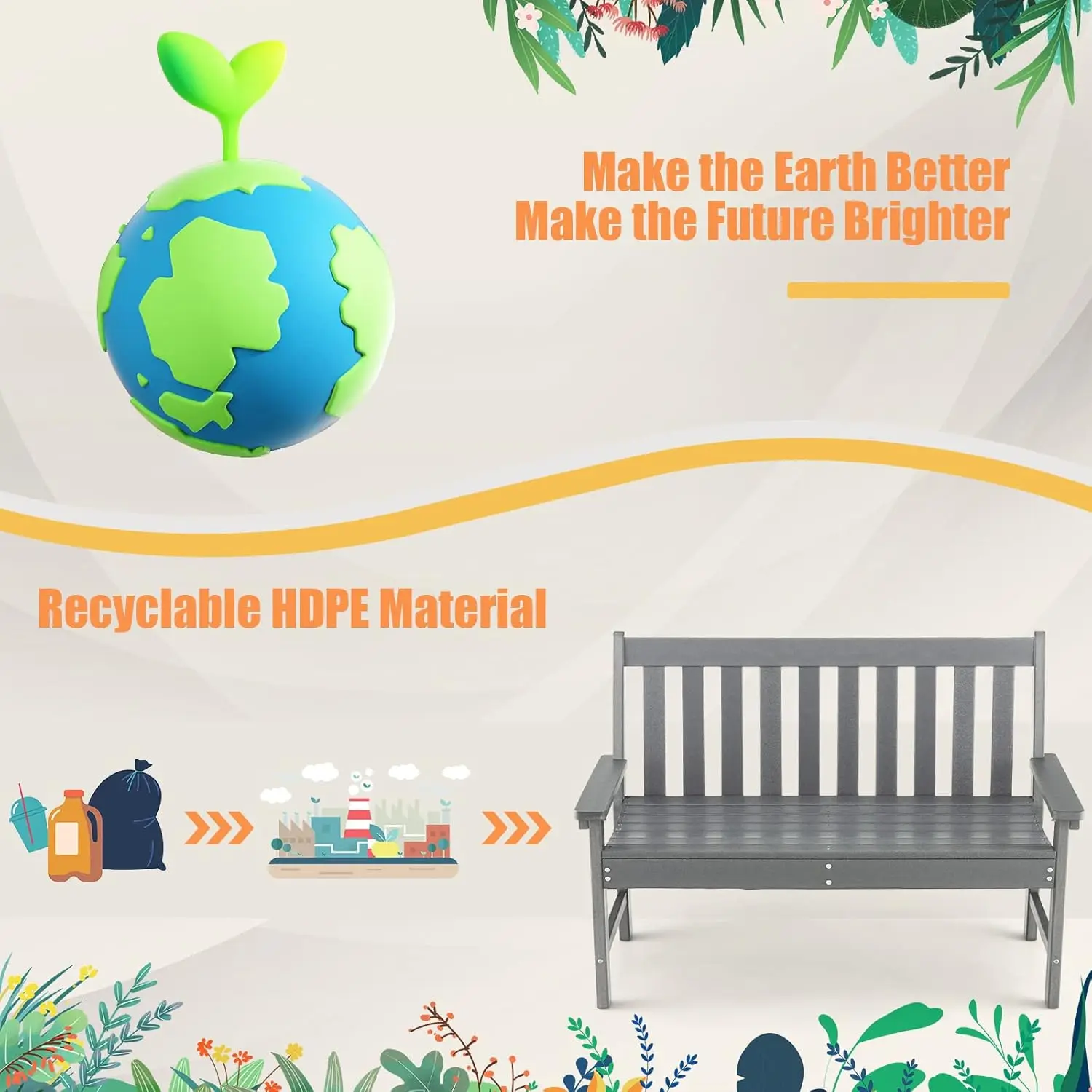 52인치 전천후 HDPE 야외 벤치(등받이 및 팔걸이 포함), 705파운드(약 320kg) 하중, 정원용 회색 파티오 의자