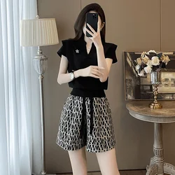 Short Sets for Women 2 Pieces Printing Black Tracksuit Woman Shorts Two-piece Clothing Trend 2025 with Jacket Tailoring Trends