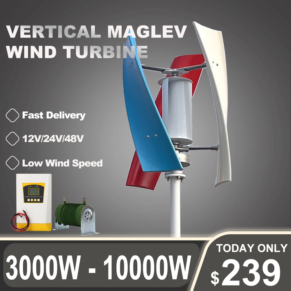 Low Wind Start Vertical Axis Wind Turbine Generator 5000W 1000W 12V 24V with MPPT Charge Controller Upright Windmill for Home