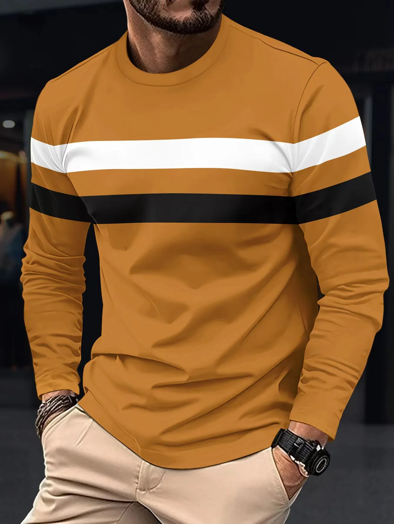 2024 Spring and Autumn New Men\'s Casual Round Neck Long Sleeve T-shirt Color Blocked Fashion Sports Base Shirt Thin Top