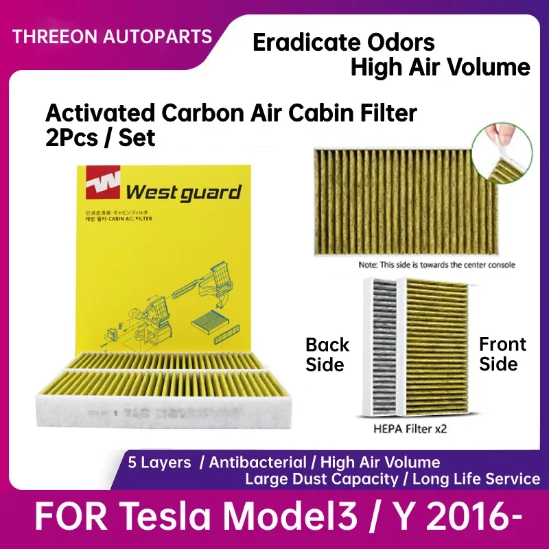 WESTGUARD Air Cabin Filter for TESLA Model 3 Model Y Air Conditioner Filter HEPA Electrostatic Cotton Eradicate Odors 2 Pcs/Set