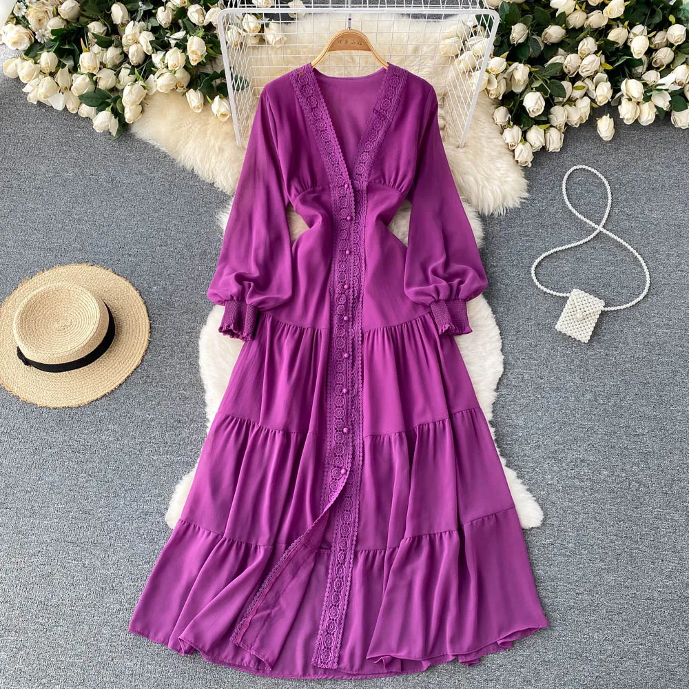 Women's Chic Lantern Sleeve V Neck Long Dress Spring Autumn Holiday Party Dress Lady Elegant Solid Color Lace Vestidos