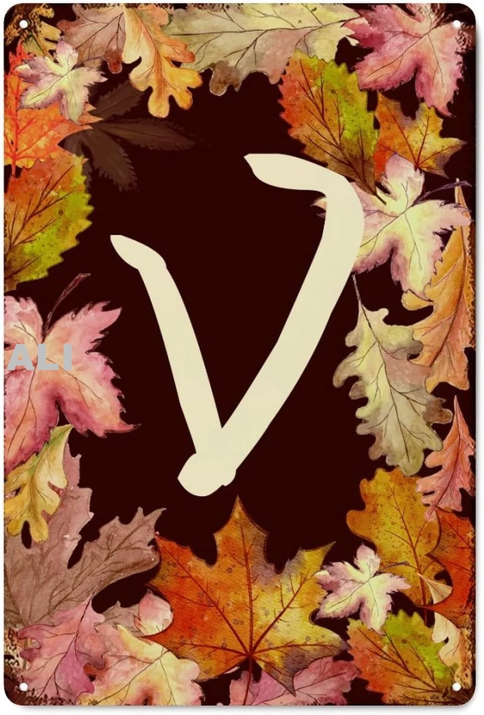Vertical Fall Maple Leaves Initial Letter V Shabby Chic Metal Signs Vintage Indoor Outdoor Flower Leaves Wreath Initial Met sign