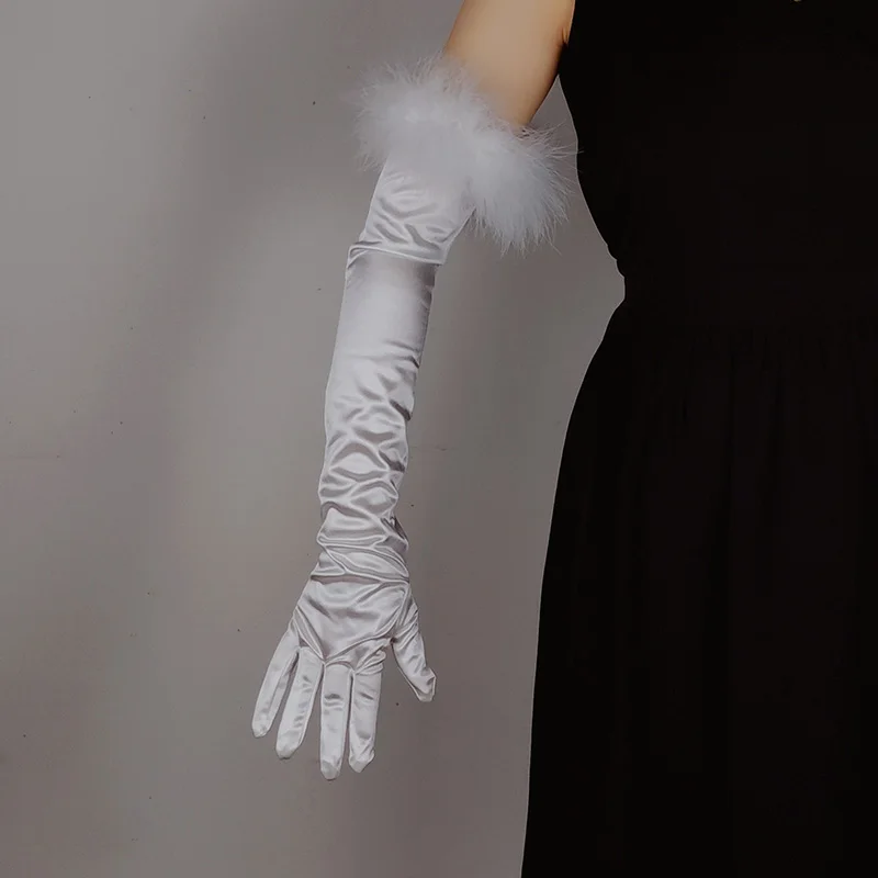 Women Cuff Feather Satin Spandex Elastic Long Full Finger Wedding Etiquette Dress Glove Makeup Party Perform Dance Mitten E43