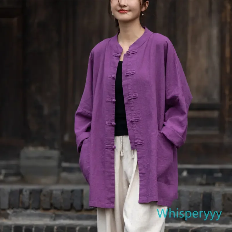 Cotton Hemp Jacket Women's Spring Summer Ramie Zen Chinese Cardigan Linen Coat Chinese Traditional Clothing Kung Fu Uniform 2023