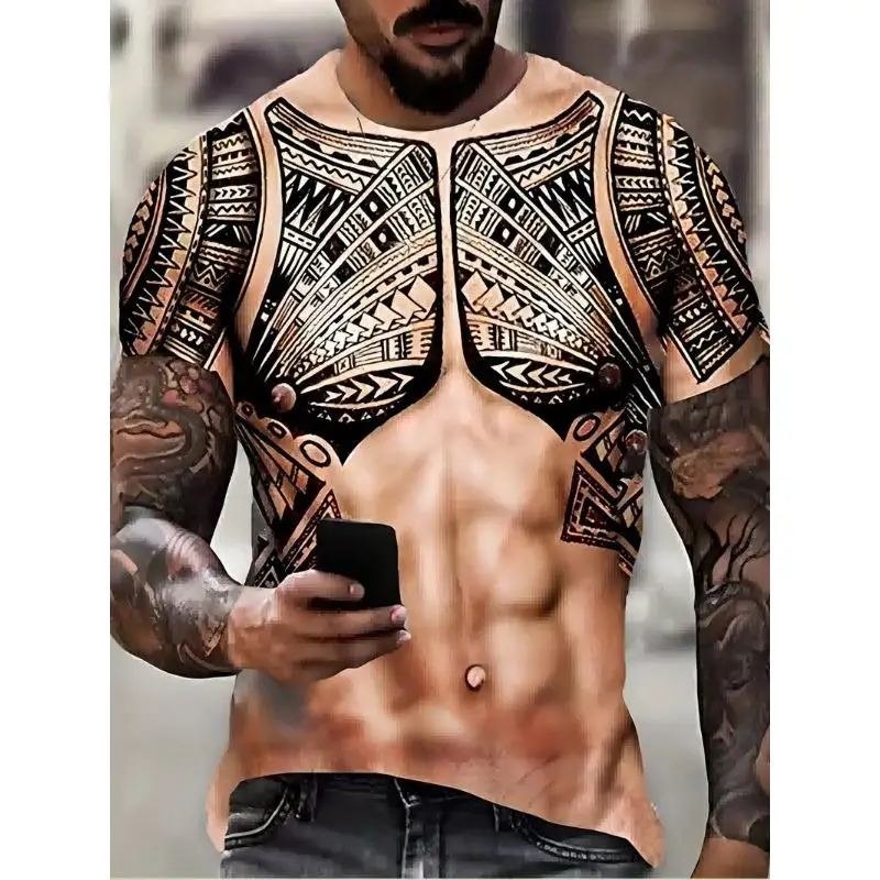 Herren 3D Fake Ripped Muscle Print T-Shirt Mode Kurzarm Freizeitoberteil mit verschiedenen Mustern – Detail 6
