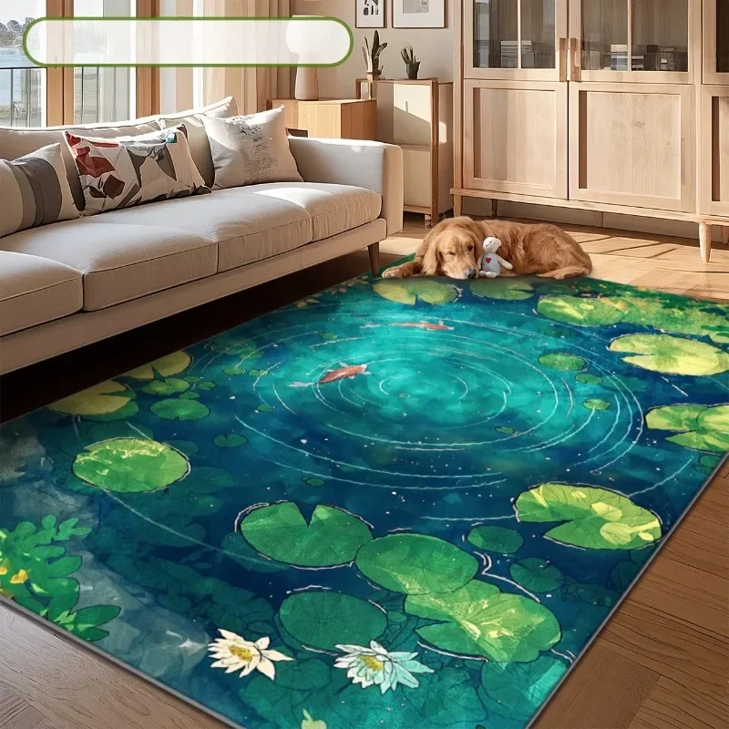 Green-Blue Water Lily & Duck Pond Design, Non-Slip Backing, for Living Room Bedroom Home Decor, Rugs, Decorative Floor Covering