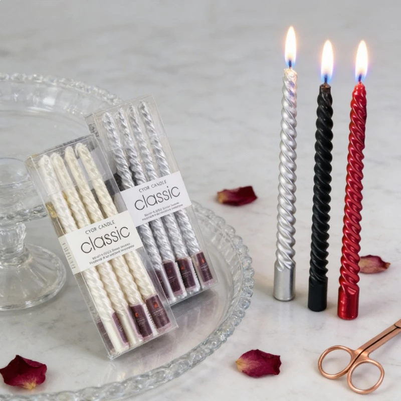 4pcs Colorful Threaded Long Pole Candle Paraffin Wax Material Smokeless for Home Wedding Party Decoration Candlelight Dinner