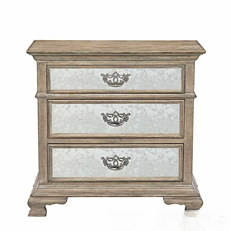 

French solid wood bedside table, retro carved three-pump storage bedroom mirror bedside storage cabinet