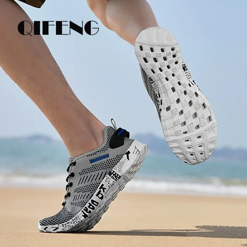 Homens aqua sapatos respirável trekking vadear praia de secagem rápida sapatos de água ao ar livre pesca wading sapatos tênis de água homens rendas até