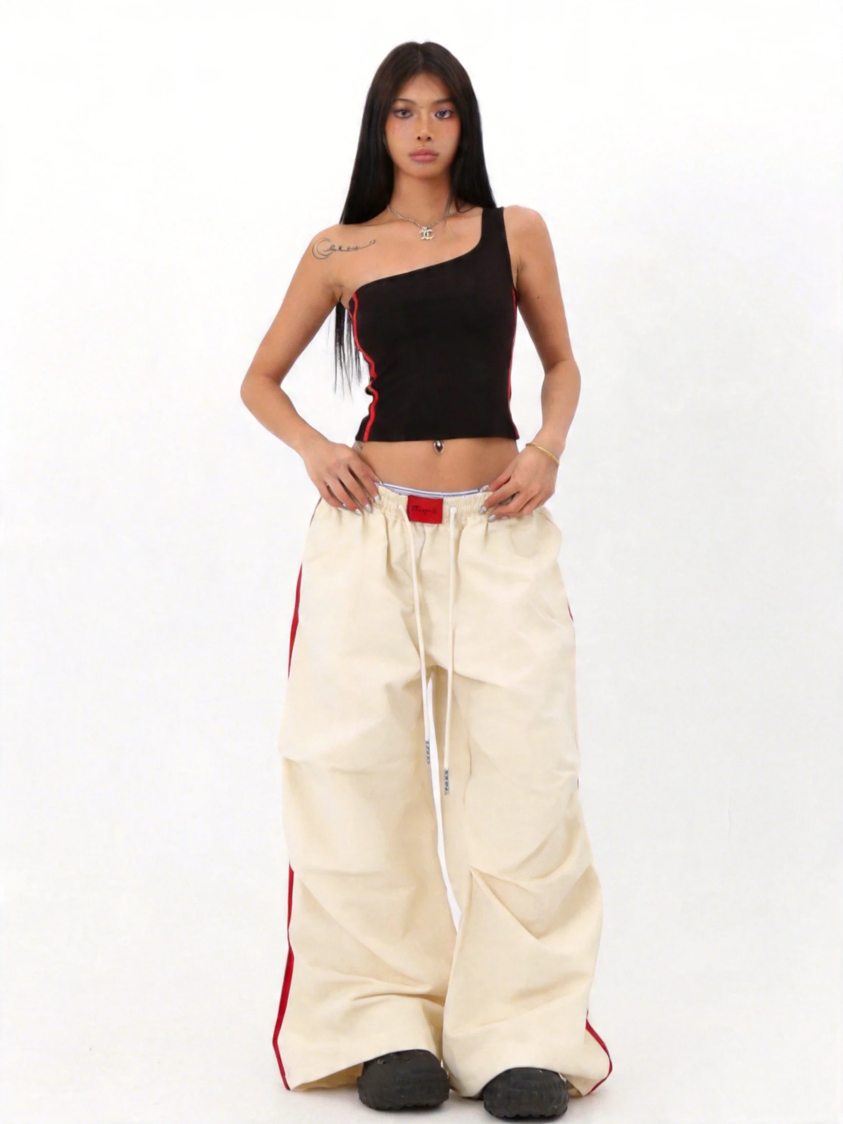 Women Summer New Arrival Cool‑Feeling Quick Dry Sports Parachute Pants Color Block Stripe Wide Leg Pants