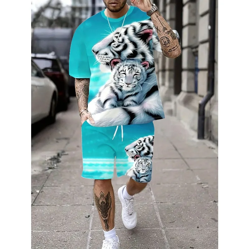

2025 Fashion Men's Round Neck Short Sleeved T-shirt and Shorts 2-piece Summer Casual 3D Digital Printing Sports Style Set