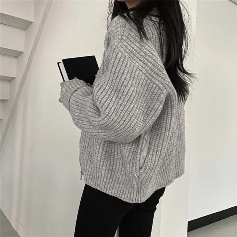 2024 Autumn Women\'s Knitted Jacket New Korean Chic Casual Sweater Coat Solid Color Zipper Thick O Neck Cardigans Women