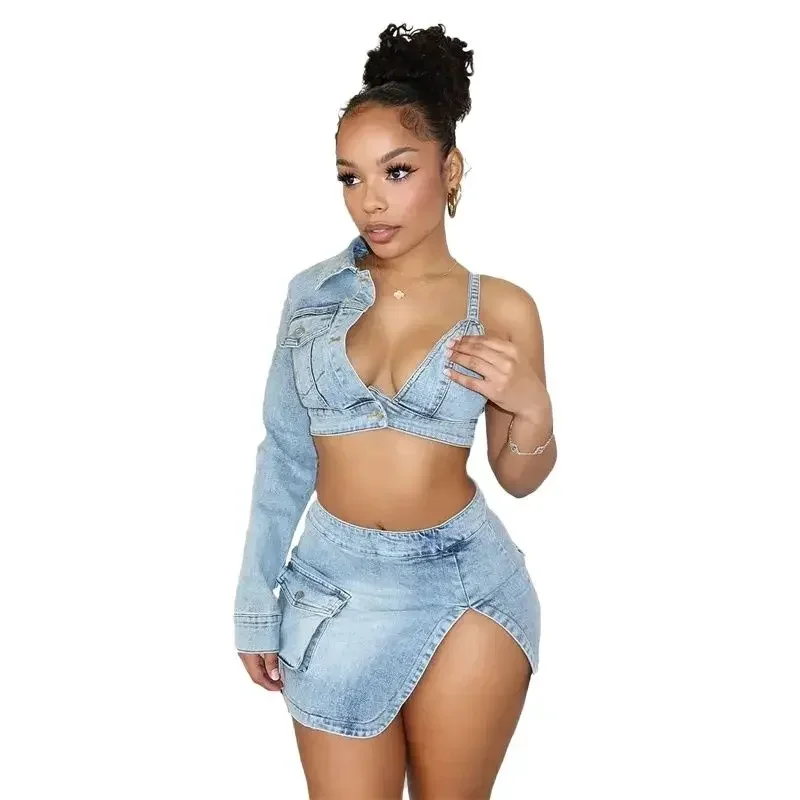 Sexy Suspenders Wrap Bust Short Tops Women Casual Denim 2 Piece Sets Splicing 3D Pocket Split Hem Skirt Female Suits Streetwear