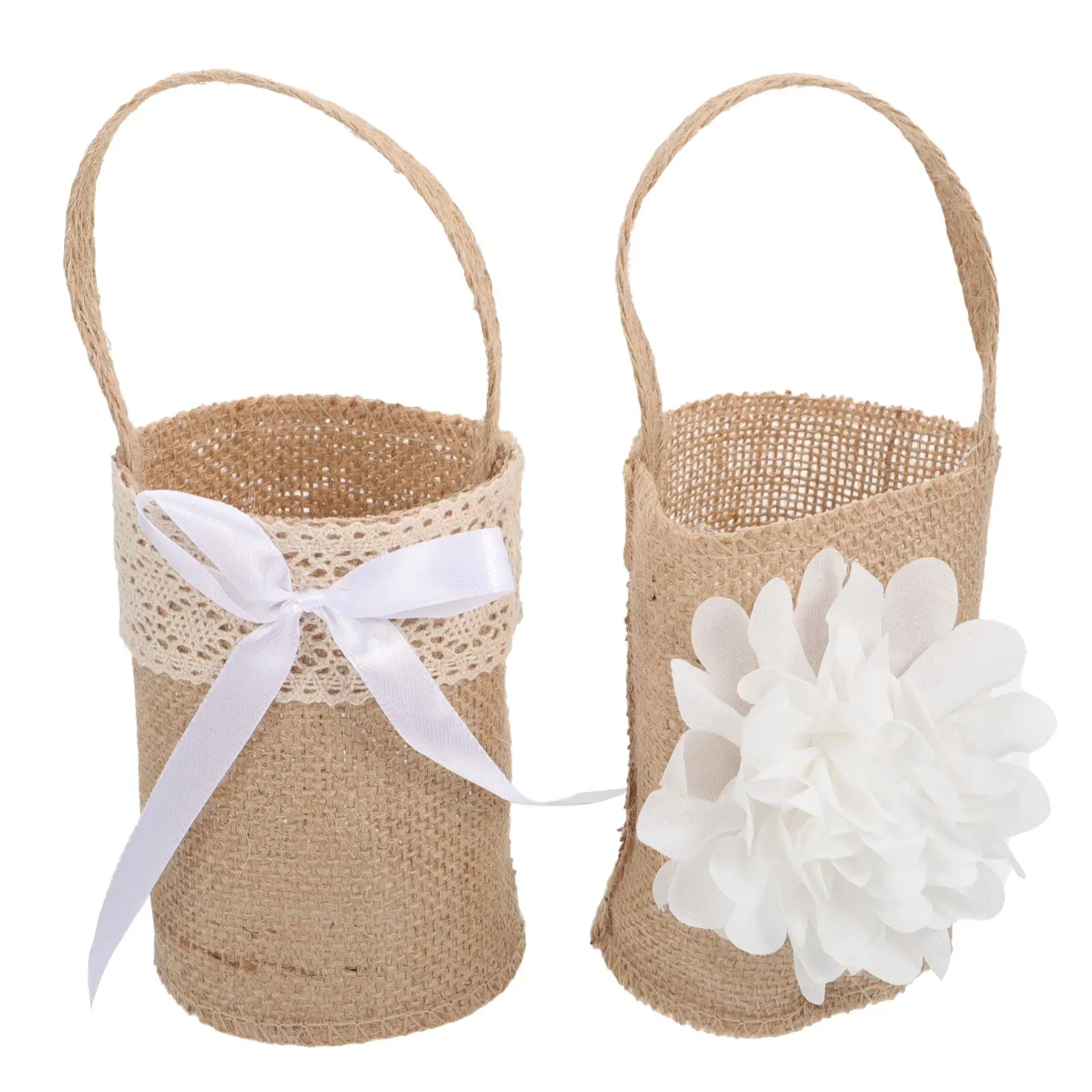 

2Pcs Flower Basket Rustic Burlap Wedding Baskets Decorated Satin Wedding Basket Gifts Flowers Bows Storage Confetti Gifts