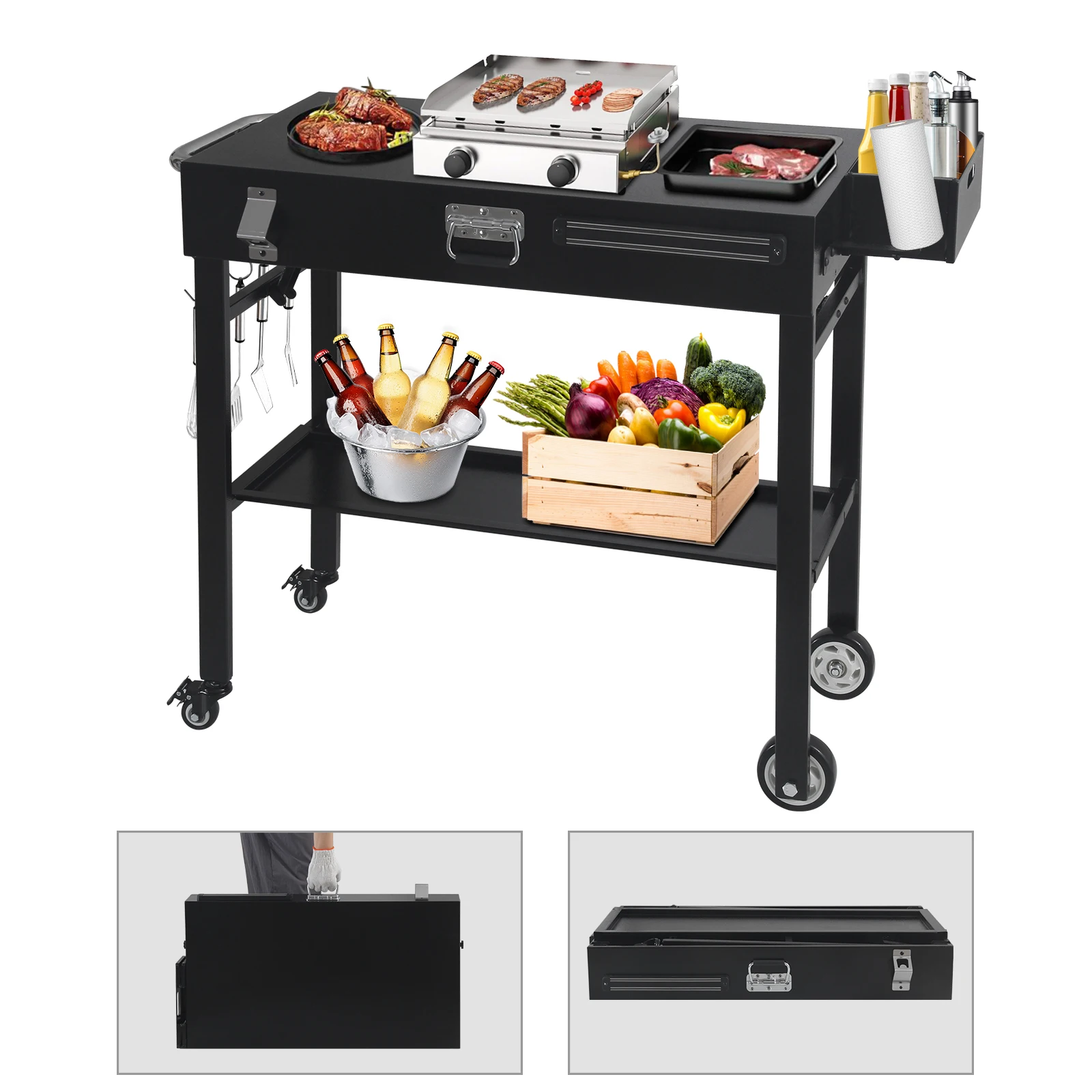 

Foldable BBQ Cart for Blackstone Griddle Portable Rolling Prep Table with Storage Shelf & Wheels for Outdoor Cooking & Camping