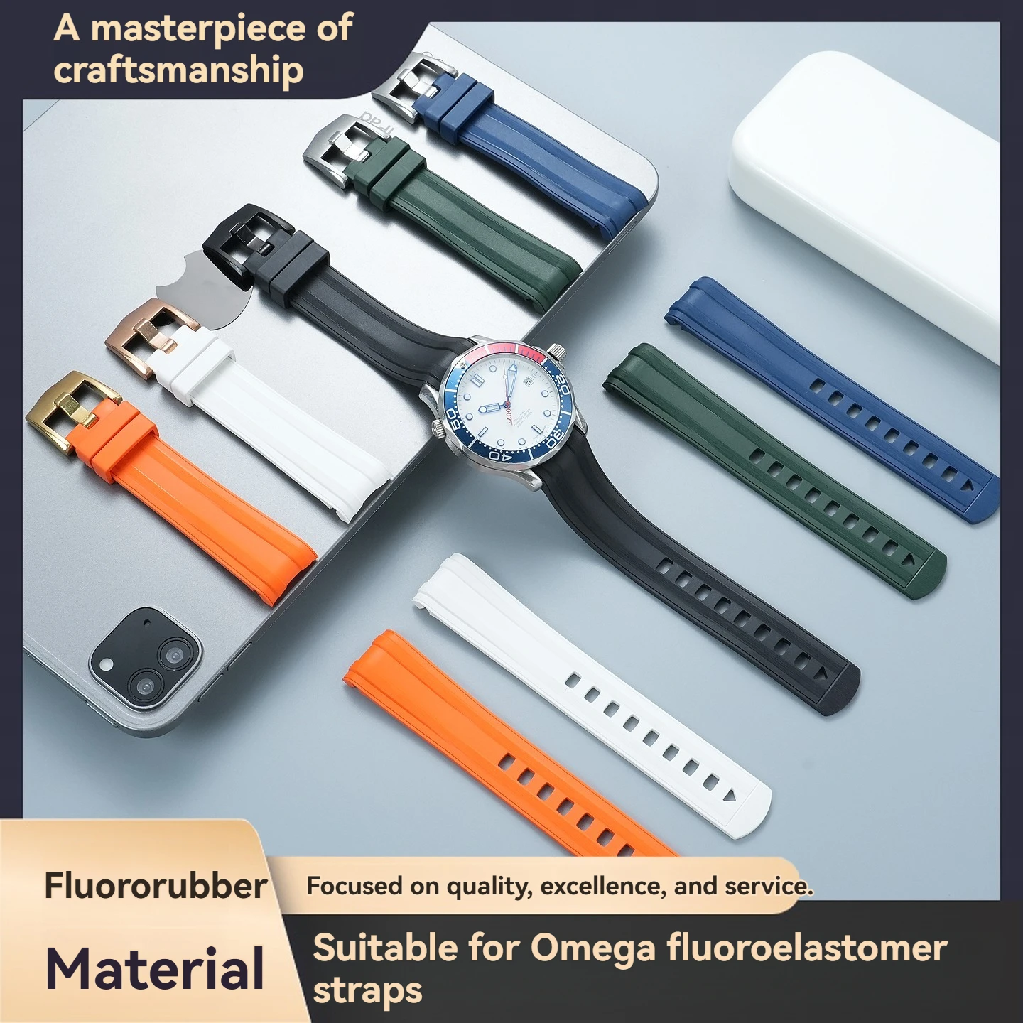 20mm FMK Fluorocarbon Rubber Curved Watch Strap for Omega Seamaster 300 (New and Old Models) and Seamaster 600 Replacement Strap