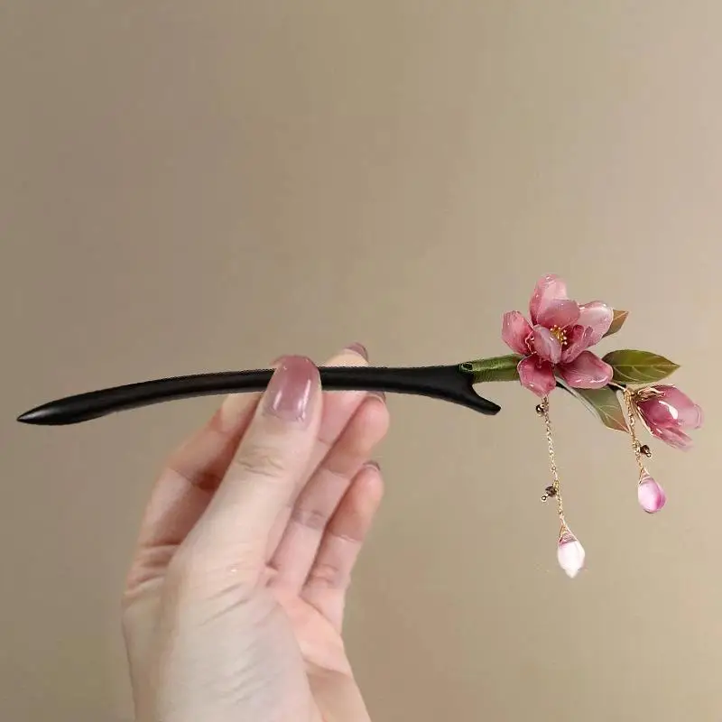 Chinesischer Retro-Haarnadel im traditionellen Hanfu-Stil mit rosa Blumenquaste, elegantes Haaraccessoire für Damen für den Alltag und festliche Anlässe. – Detail 5
