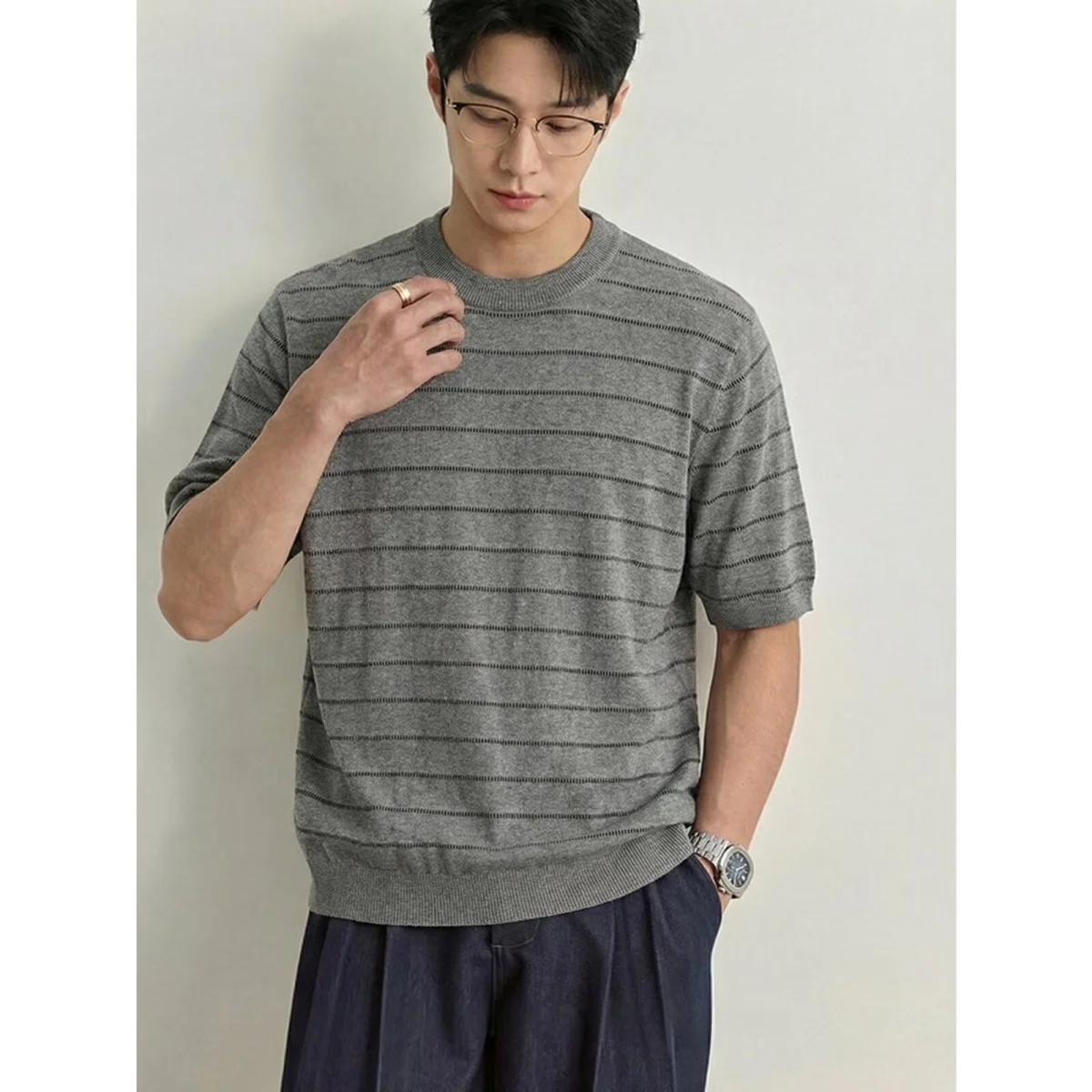 

BCALM Retro Japanese Style Striped Short Sleeve T-Shirt 300g Heavyweight Casual Shape Streetwear Business Casual round Neck