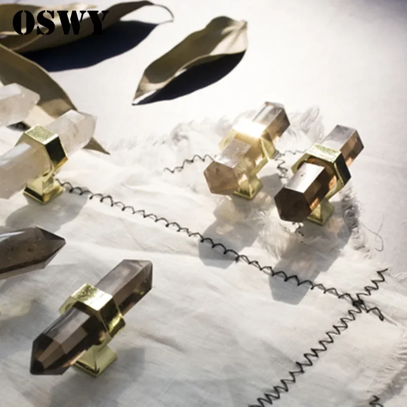 Natural Crystal + Brass Door Knobs and Handles for Cabinet Kitchen Cupboard Elegant Furniture Handles Copper Drawer Pulls