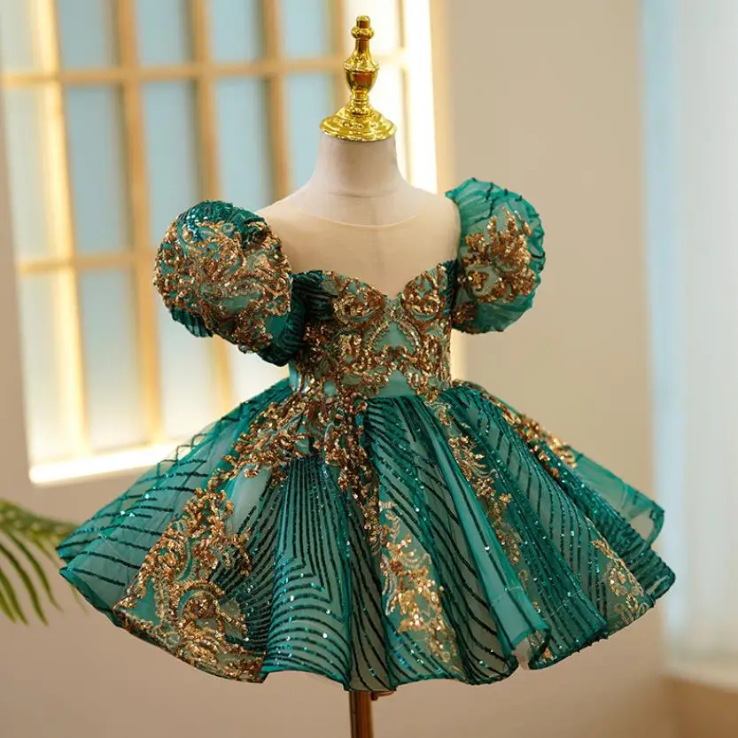 Kids Luxury Party Green Gold Dresses For Girls Birthday Baptism Shoot Gown Evening Formal Lace Dress Prom Frock A2523