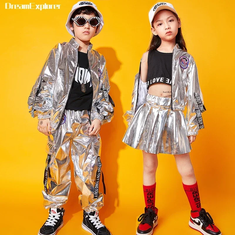 Trajes infantis de Lantejoula Hip Hop, Calças Jazz Jogger, Roupas de Street Dance, Jaqueta Prateada, Meninas e Meninos, Mini Saia, Conjunto Infantil