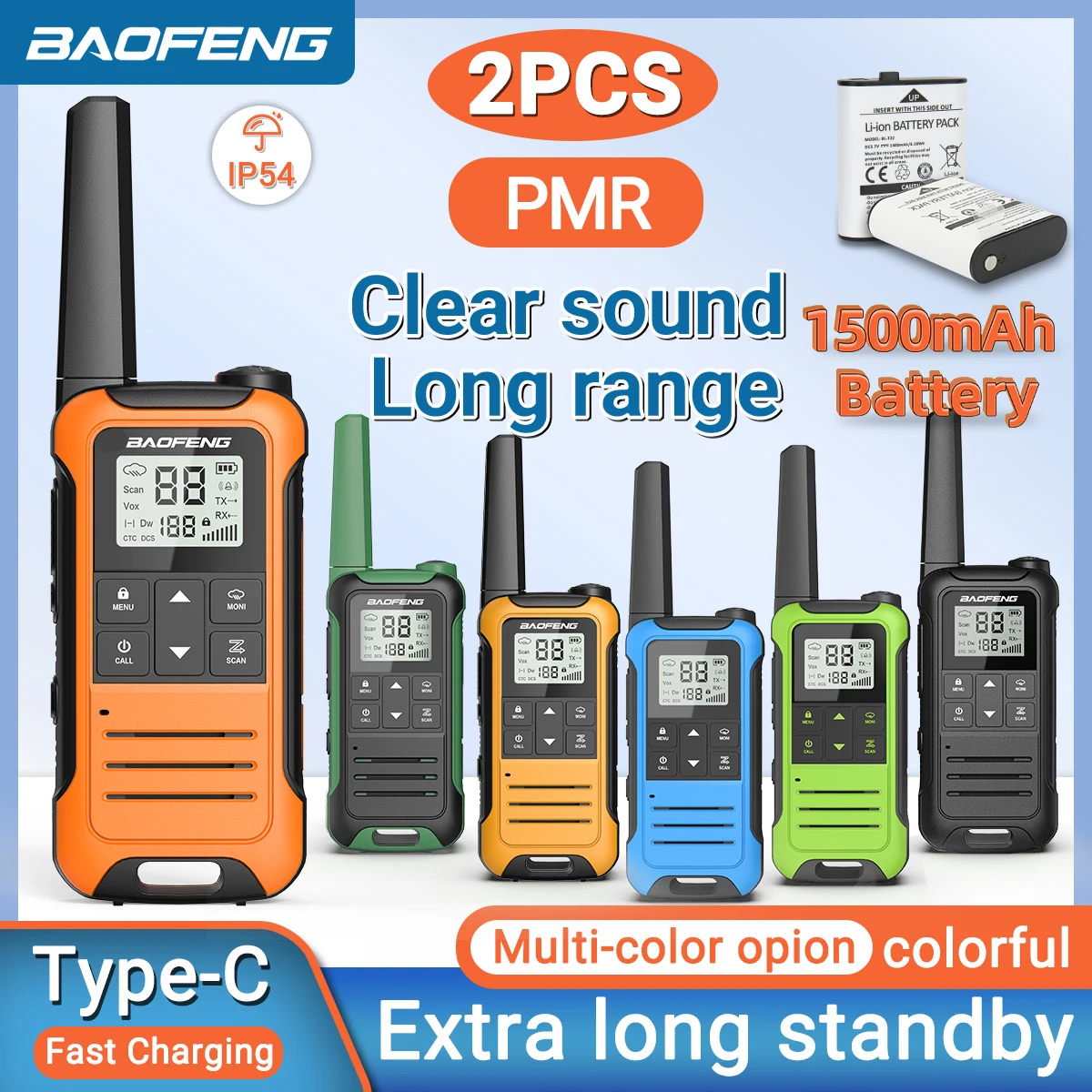 2pcs Baofeng F22 Mini Walkie Talkie PMR Long Range Rechargable Portable Kids Two Way Radio Type-C Charger for Camping Trip
