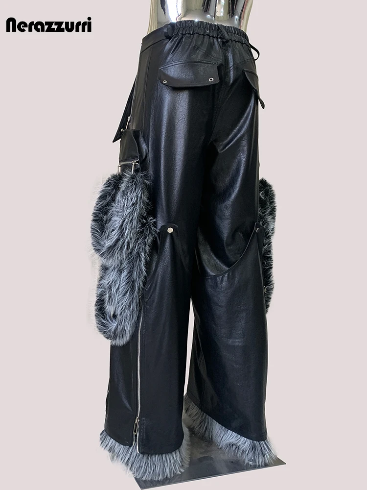 Nerazzurri الخريف كول فضفاض فو الفراء المرقعة بولي Leather الجلود واسعة الساق السراويل البضائع الرجال الفاخرة مصمم الأوروبي ايمو الشارع الشهير 2025