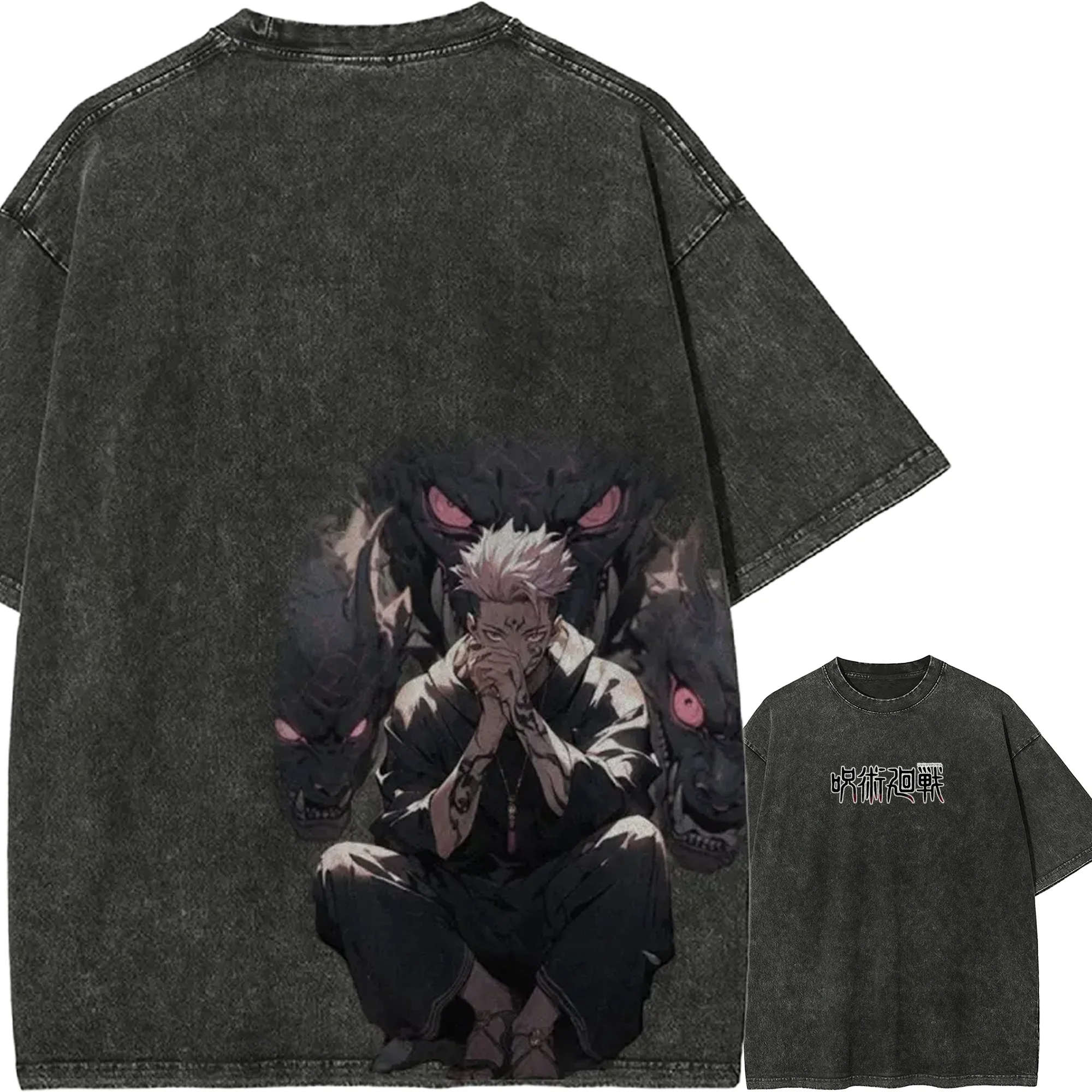 Ryomen Sukuna Thron T-Shirt Jujutsu Kaisen Tee Vintage Washed Oversized Retro Anime Harajuku Streetwear Grafik Manga Kleidung
