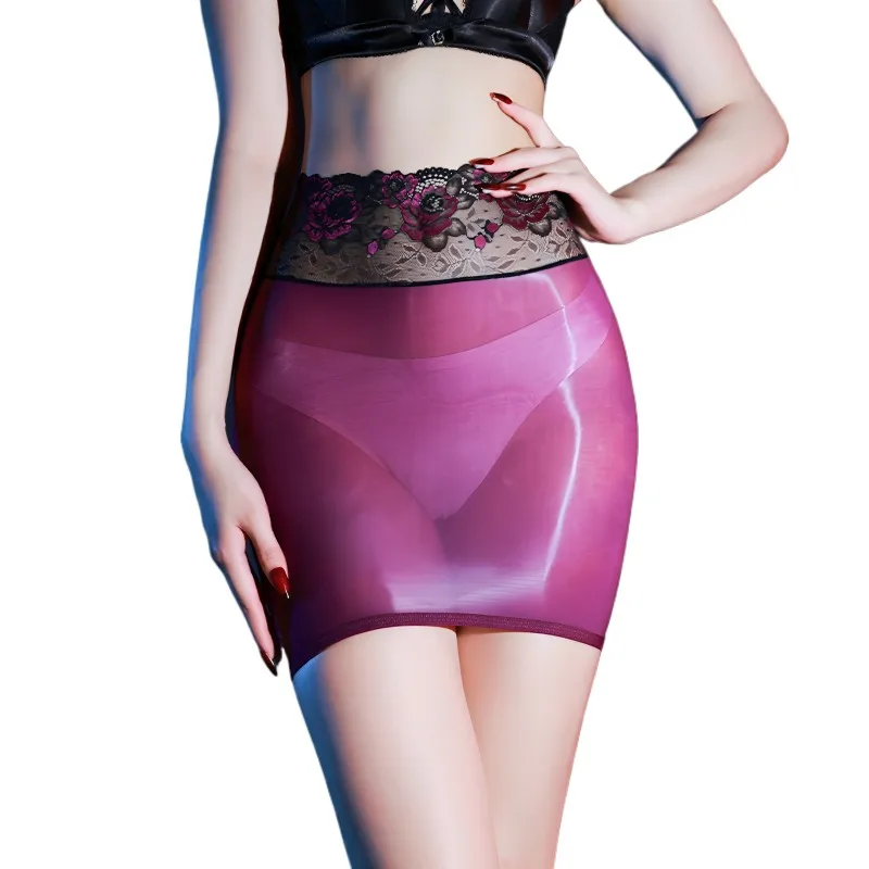 Fully Transparent Oil Shiny Hip-wrapped Short Skirt Women Sexy Temptation Lingerie Perspective Silky Smooth Nightclub Party Wear