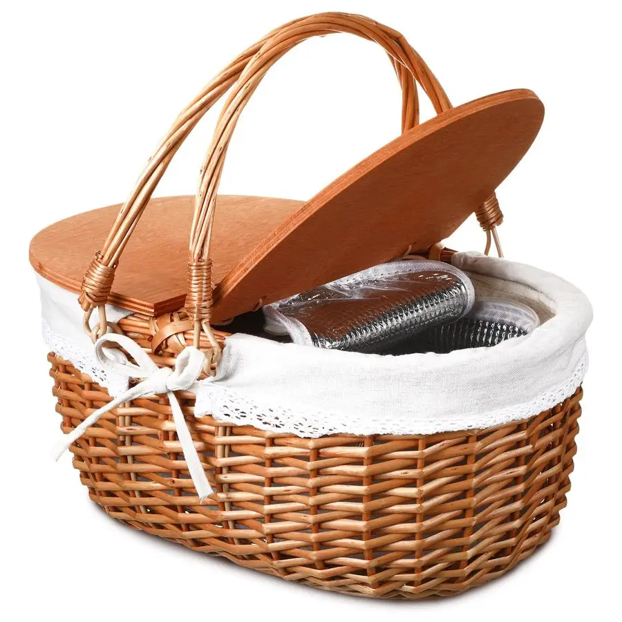 

Wicker Insulated Picnic Basket with Lid Wicker Picnic Basket with Folding Handles and Insulated Cooler Bag for Camping Outdoor E