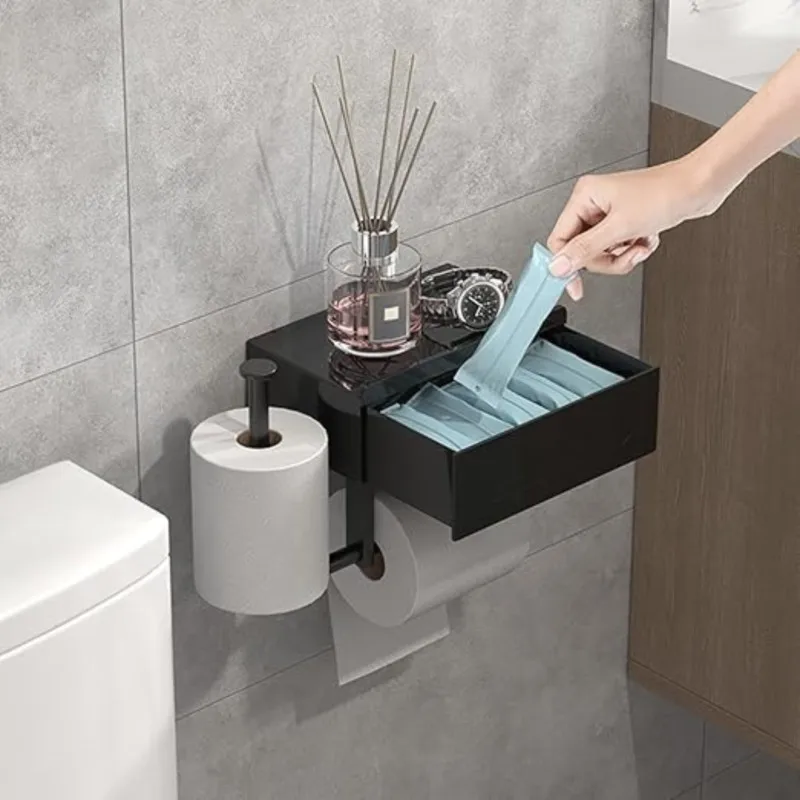 B03C-Black Modern Wall-Hung Toilet Paper Rack With Integrated Storage, Bathroom Tissue Dispenser Featuring Wet Tissue Container