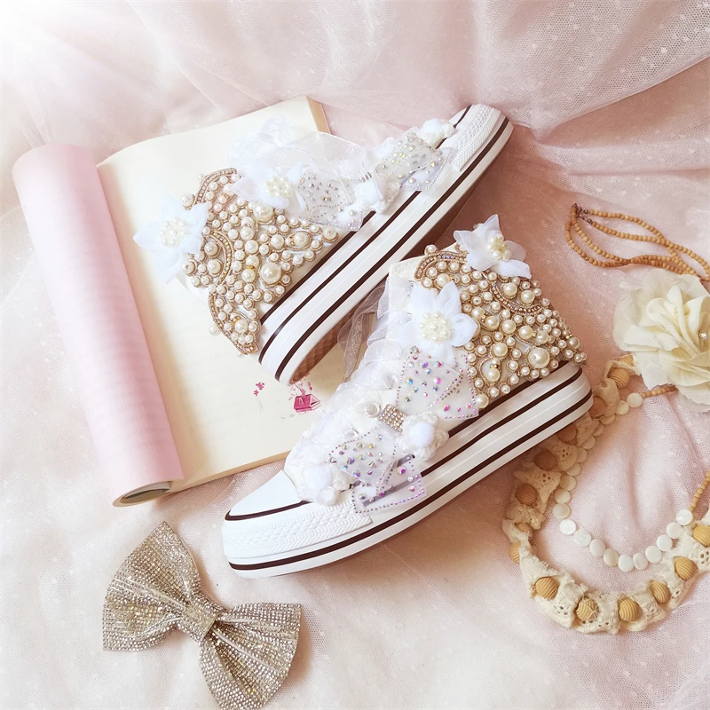 Girls Hand-made Bownot Shoes Women High Top Canvas Sneakers DIY Pearl Flower Sweet Sports Vulcanized Shoes Wedding Party Shoe