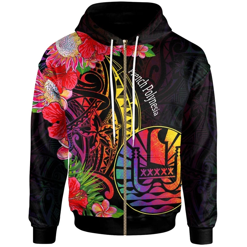 French Polynesia Tahiti Flag Zip Hoodies Tribal Turtle Tattoo 3D Printing Zip Sweatshirts Tops Men Women Zip Hooded Sportswear