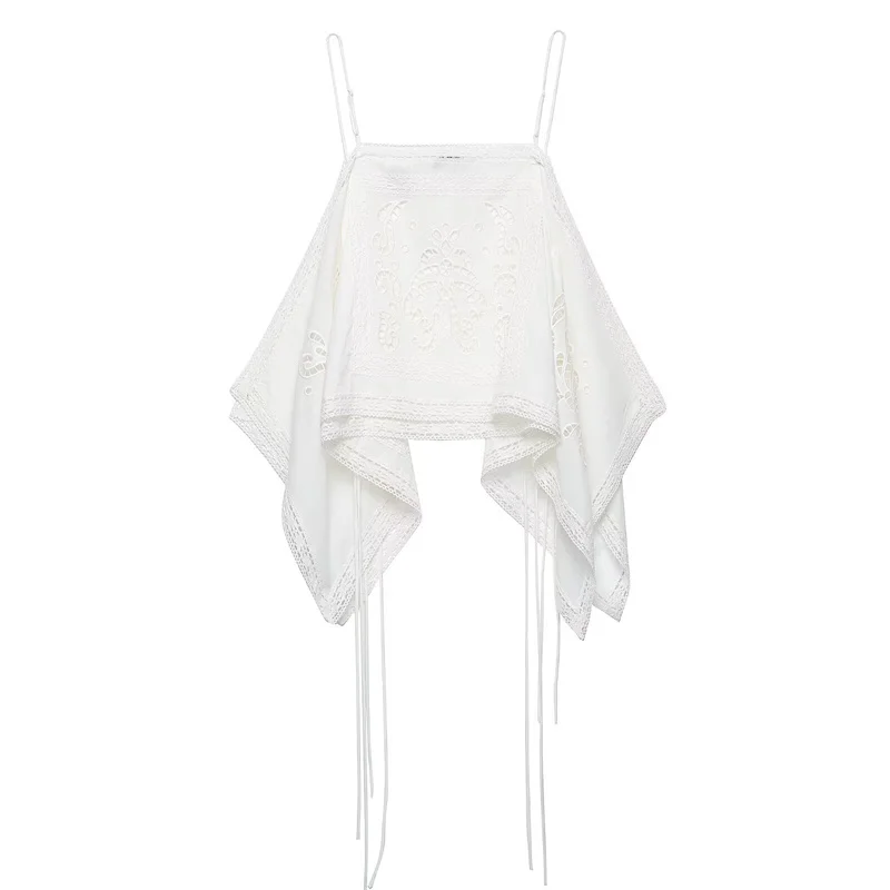 Guobioziy Women's Top 2026 Summer New White Strap Hollow Out Embroidered Asymmetric Top Beach Vacation Stylish