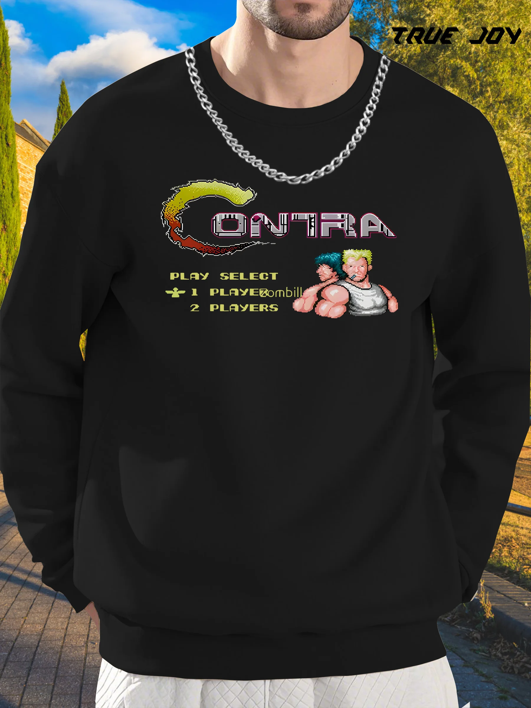 

Men's Contra Retro Gaming Graphic Print Sweatshirt - Green Loose Fit Casual Pullover with Round Neck, Machine Washable